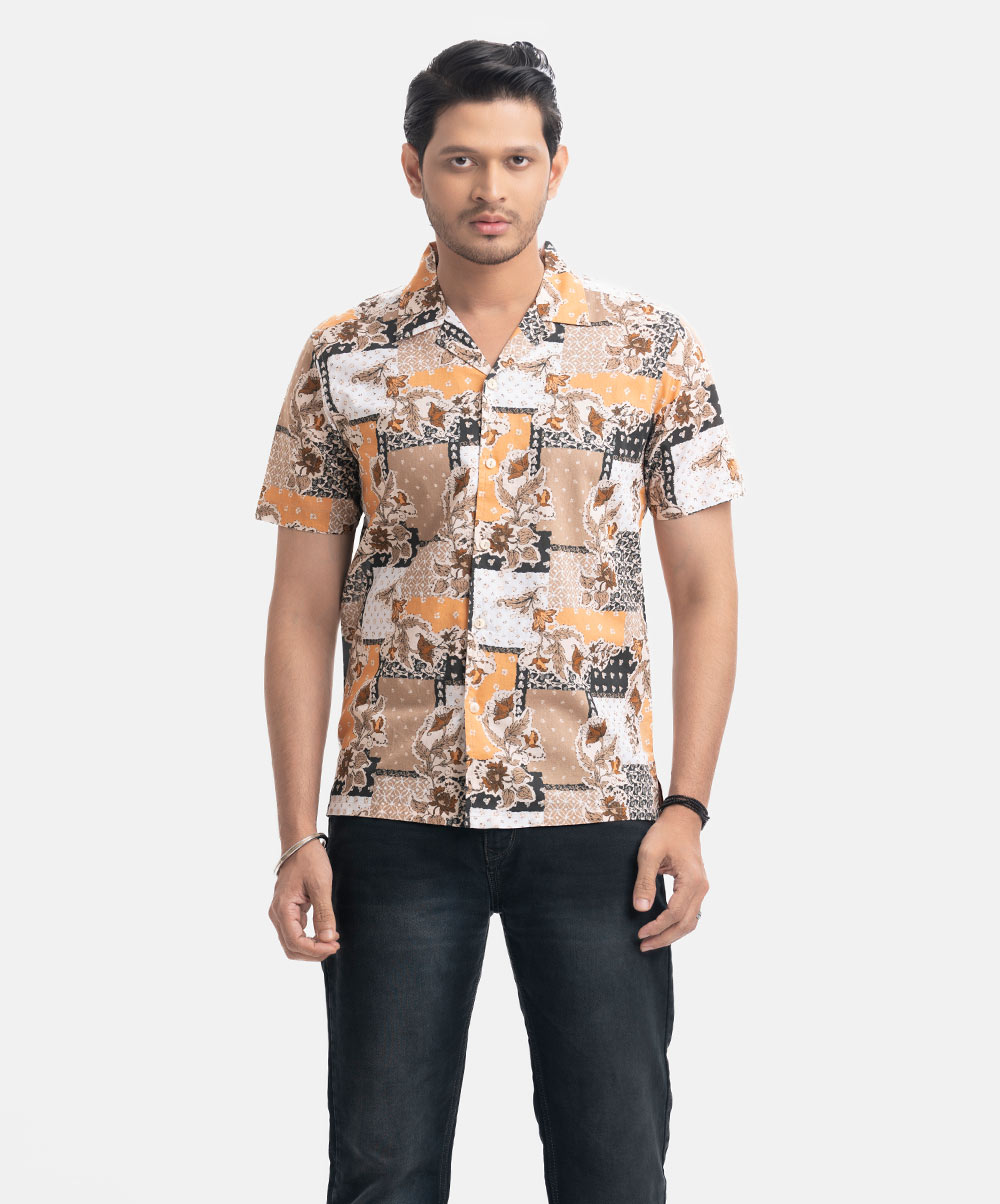 Printed Cotton Cuban Collar Shirt